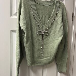 Express Green V-Neck Sweater with Crystal Bow